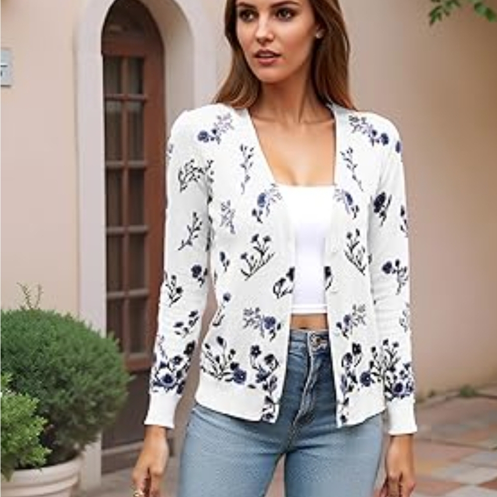 ECOWISH Elegant White and Navy Floral Cardigan
